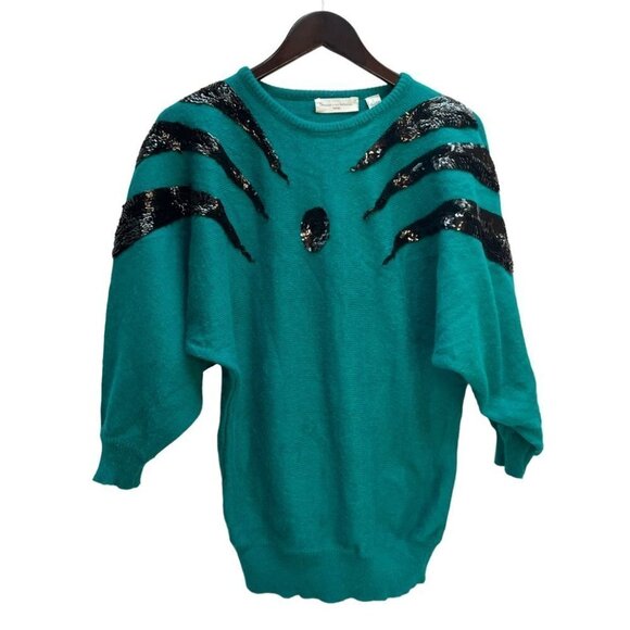 vintage 80's Green Crew Neck Sweater Black Sequin Detailing Size M - Picture 2 of 11